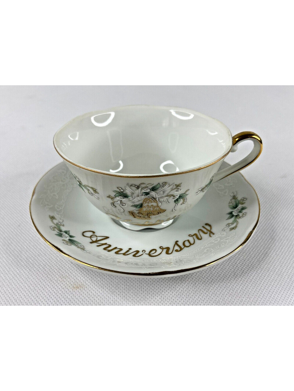 Lefton Happy Anniversary Tea Cup & Saucer Floral Wedding Bells